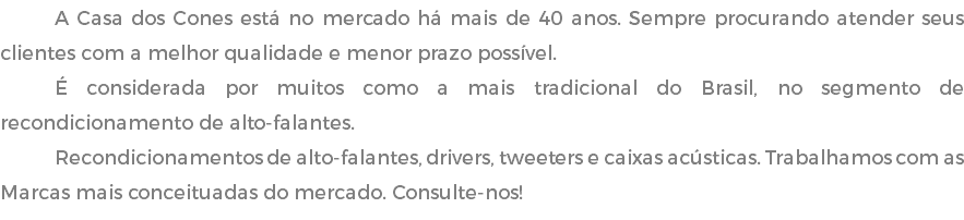 A Casa dos Cones está no mercado há mais de 40 anos. Sempre procurando atender seus clientes com a melhor qualidade e menor prazo possível. É considerada por muitos como a mais tradicional do Brasil, no segmento de recondicionamento de alto-falantes. Recondicionamentos de alto-falantes, drivers, tweeters e caixas acústicas. Trabalhamos com as Marcas mais conceituadas do mercado. Consulte-nos!